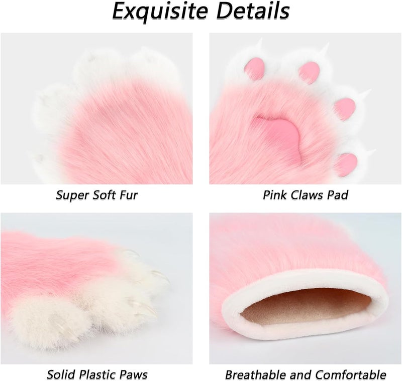 hbbhml Faux Fur Plush Furry Cat Claw Gloves Fursuit Animal Fox Paws Mittens Halloween Cosplay Costume Accessories for Adult - Image 4